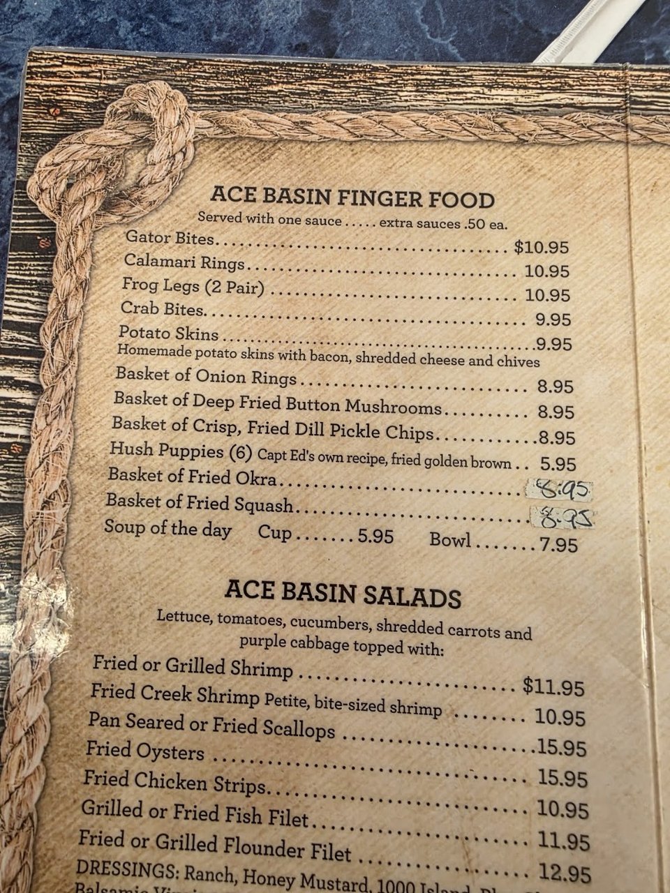 Seafood, steaks, and salads on the menu.